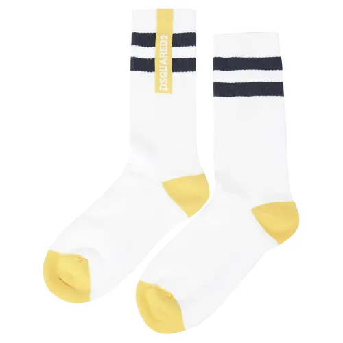 Dsquared2 - Calzini bianchi con banda verticale gialla per uomo | dfv142640