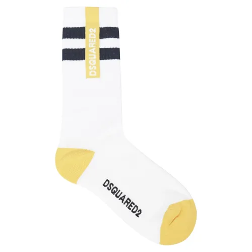 Dsquared2 - Calzini bianchi con banda verticale gialla per uomo | dfv142640