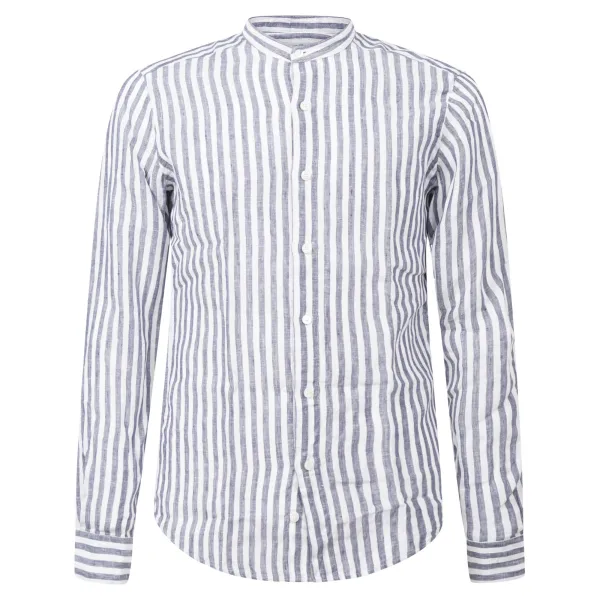 Lavorazione Sartoriale - Camicia bianca coreana a righe in lino slim fit per