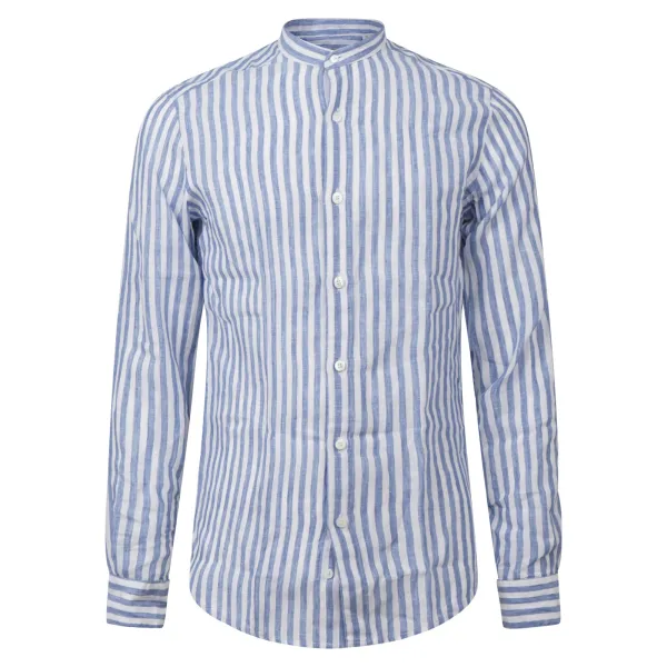 Lavorazione Sartoriale - Camicia bianca coreana a righe in lino slim fit per