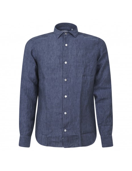 Lavorazione Sartoriale - Camicia blu in lino slim fit per uomo | ostuni 100