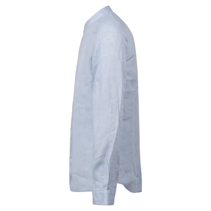 Lavorazione Sartoriale - Camicia celeste coreana in lino custom fit per uomo |