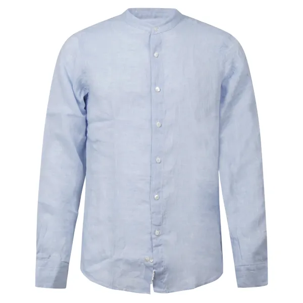 Lavorazione Sartoriale - Camicia celeste coreana in lino custom fit per uomo |