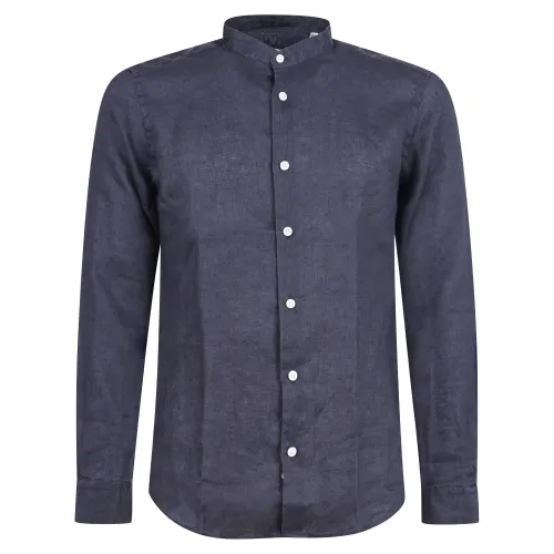 Lavorazione Sartoriale - Camicia blu coreana in lino custom fit per uomo |