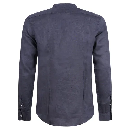 Lavorazione Sartoriale - Camicia blu coreana in lino custom fit per uomo |