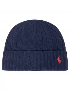 Cappello blu in lana con lavorazione intrecciata e logo ricamato sul fronte