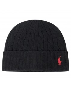 Cappello nero in lana con lavorazione intrcciata e logo ricamato sul fronte