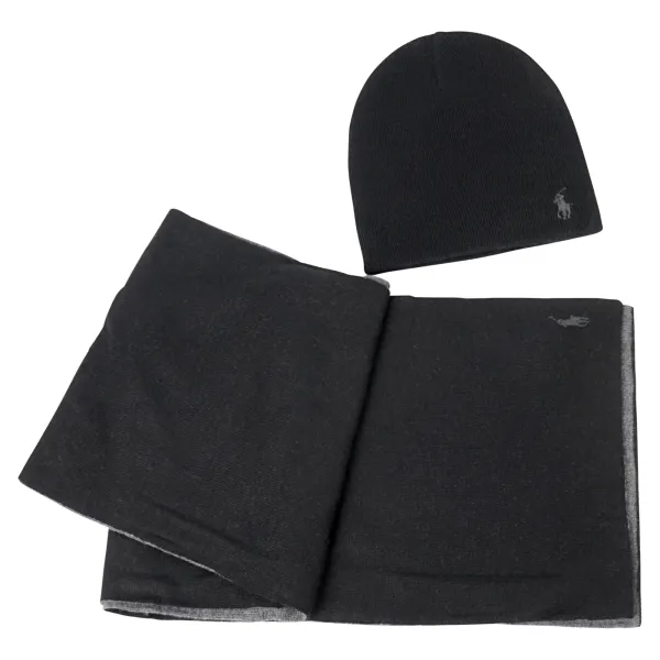 Polo Ralph Lauren - Set sciarpa e cappello neri reversibile in lana con logo