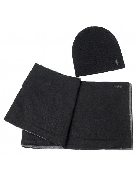 Polo Ralph Lauren - Set sciarpa e cappello neri reversibile in lana con logo