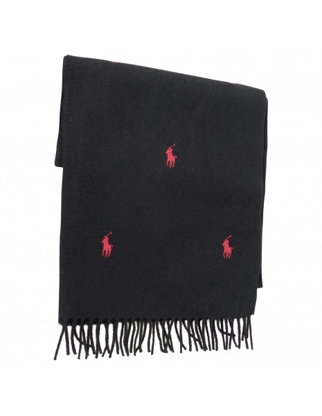 Polo Ralph Lauren - Sciarpa nera in lana con logo all over ricamato per uomo |