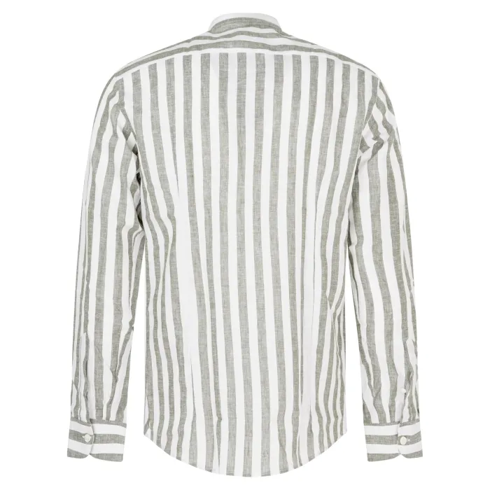 Lavorazione Sartoriale - Camicia verde coreana in lino a righe slim fit per