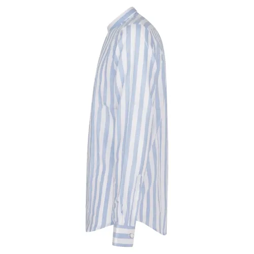 Lavorazione Sartoriale - Camicia celeste coreana in lino a righe slim fit per