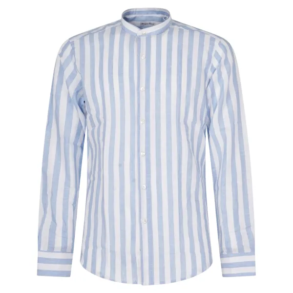 Lavorazione Sartoriale - Camicia celeste coreana in lino a righe slim fit per
