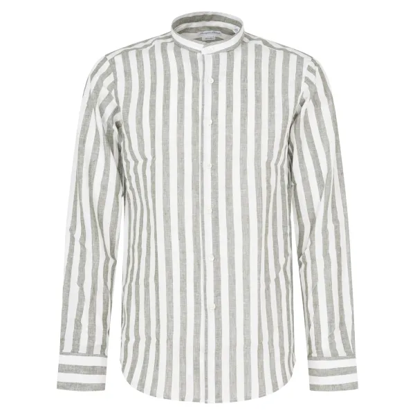 Lavorazione Sartoriale - Camicia verde coreana in lino a righe custom per uomo