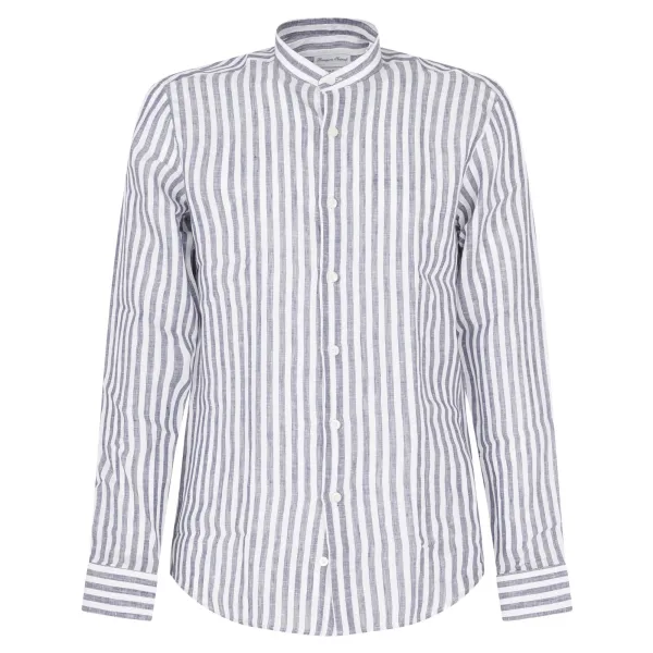 Lavorazione Sartoriale - Camicia bianca coreana in lino a righe custom per uomo