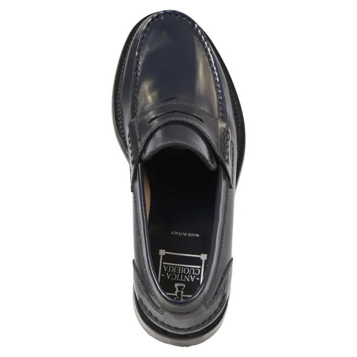 Antica Cuoieria - Mocassino blu in pelle con passante per uomo | 14566-s-g04 s