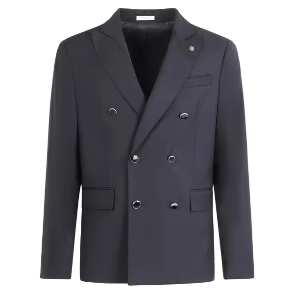 Officina36 - Giacca nera doppiopetto con bottoni in metallo e orli sfrangiati