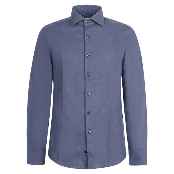 Lavorazione Sartoriale - Camicia blu in lino e cotone slim fit per uomo | oria
