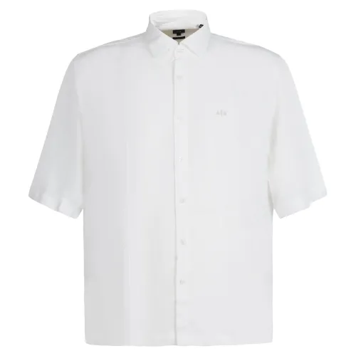 Armani Exchange - Camicia bianca manica corta con logo ricamato sul petto per