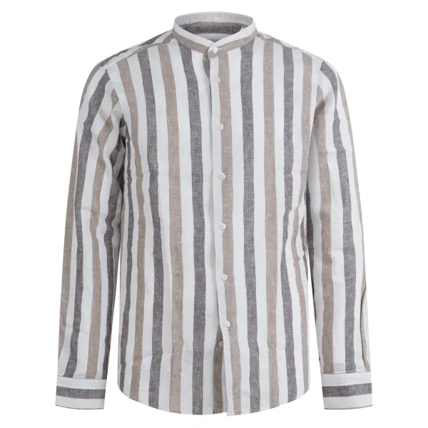 Lavorazione Sartoriale - Camicia bianca coreana rigata in lino e cotone slim