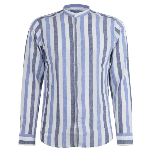 Lavorazione Sartoriale - Camicia bianca coreana rigata in lino e cotone slim