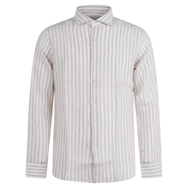 Lavorazione Sartoriale - Camicia beige rigata in lino custom fit per uomo |