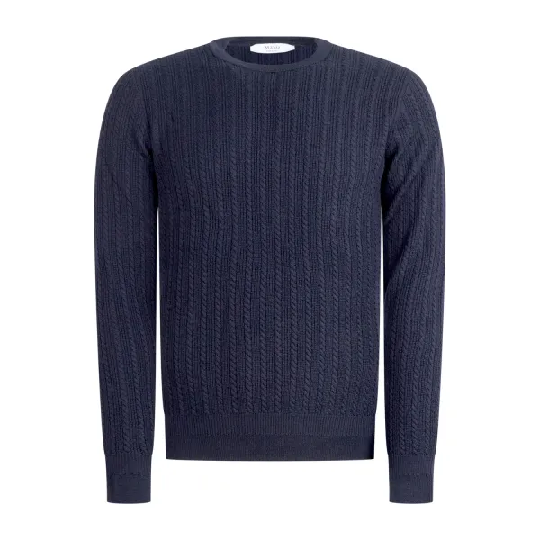 +39 Masq - Maglione girocollo blu con lavorazione in lana merino extrafine per