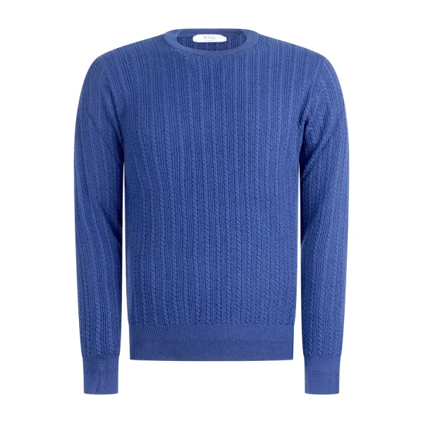 +39 Masq - Maglione girocollo azzurro con lavorazione in lana merino extrafine