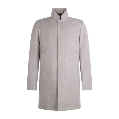 DUNO - Cappotto beige in lana tecnica con imbottitura in piuma per uomo | fondo