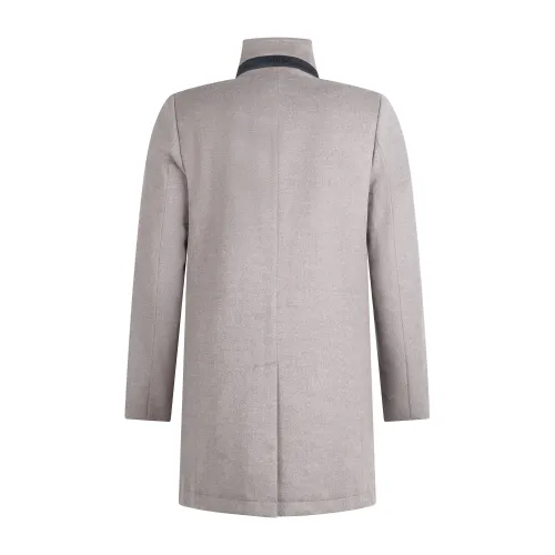 DUNO - Cappotto beige in lana tecnica con imbottitura in piuma per uomo | fondo