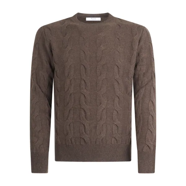 +39 Masq - Maglione girocollo marrone con lavorazione a treccia per uomo |