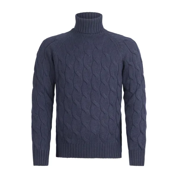 Gran Sasso - Dolcevita blu in lana vergine con lavorazione a treccia per uomo |