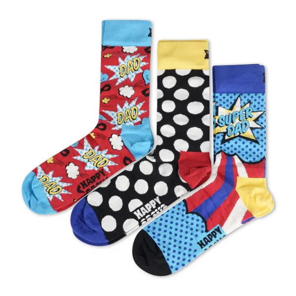 Happy Socks - Set 3 calze multicolore con fantasia super dad per uomo | xfat08