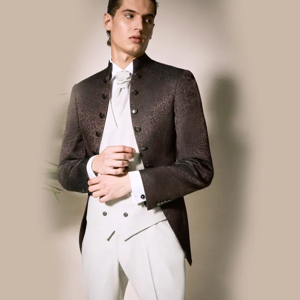 Luigi Bianchi Cerimonia - Abito coreano damascato marrone con bottoni per uomo