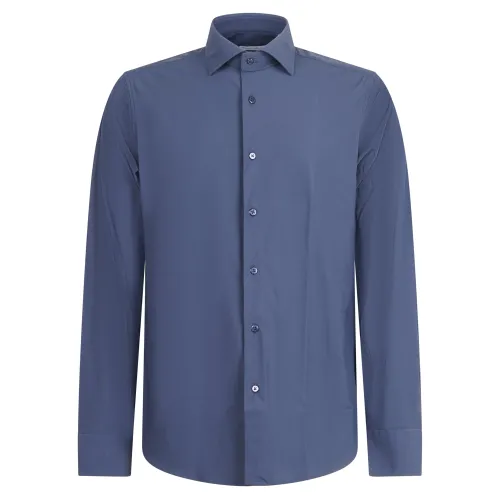 Lavorazione Sartoriale - Camicia blu in tessuto tecnico custom fit per uomo |