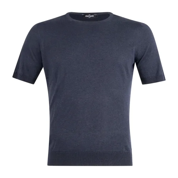 Gran Sasso - T-shirt blu manica corta in maglia di seta per uomo | paricollo