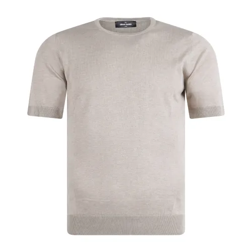 Gran Sasso - T-shirt beige manica corta in maglia di seta per uomo | paricollo