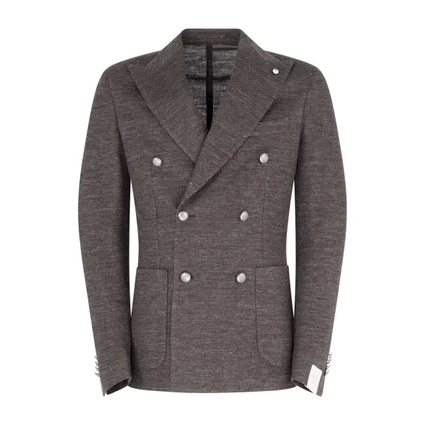 L.B.M. 1911 - Giacca marrone doppiopetto in jersey di lino decostruita e