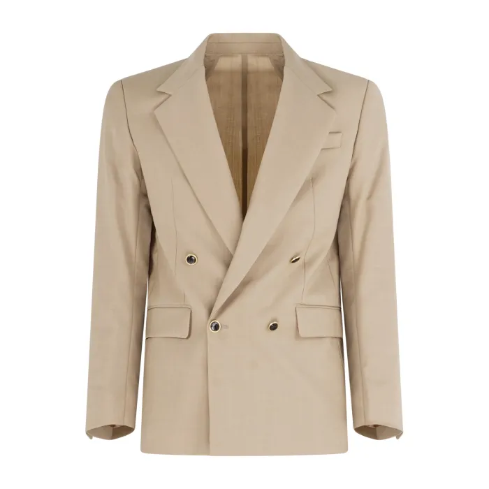 Marsem - Abito beige doppiopetto basso in frescolana con pantalone largo per