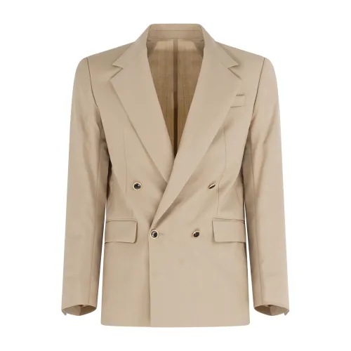 Marsem - Abito beige doppiopetto basso in frescolana con pantalone largo per