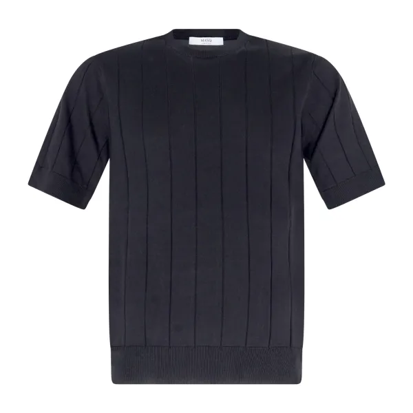 +39 Masq - T-shirt nero manica corta in maglia di cotone a costa larga per uomo