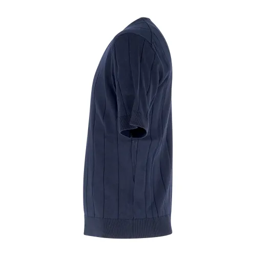+39 Masq - T-shirt blu manica corta in maglia di cotone a costa larga per uomo