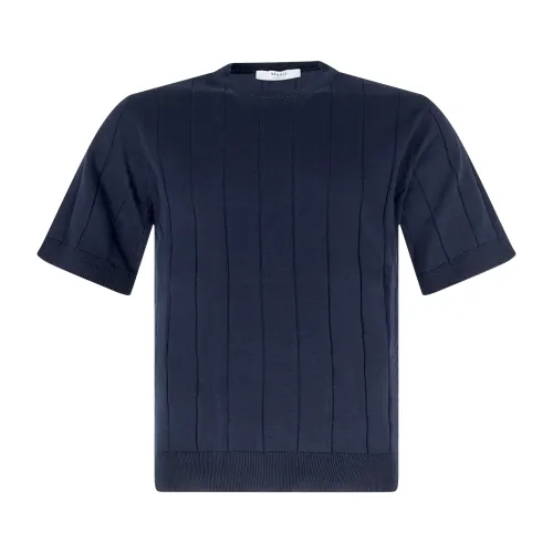 +39 Masq - T-shirt blu manica corta in maglia di cotone a costa larga per uomo