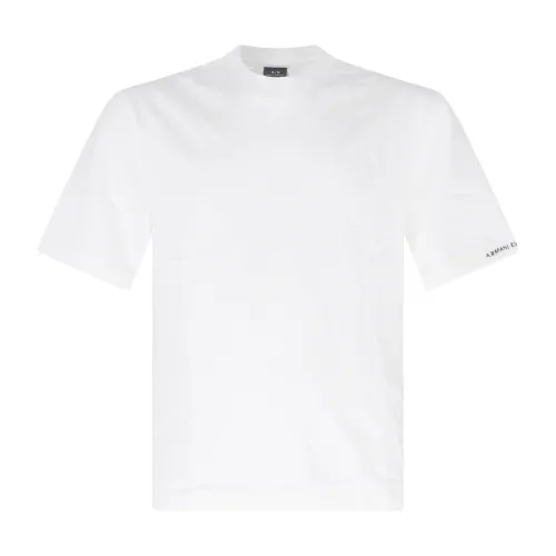 Armani Exchange - T-shirt bianca taglio felpa con collo a coste e stmpa logo
