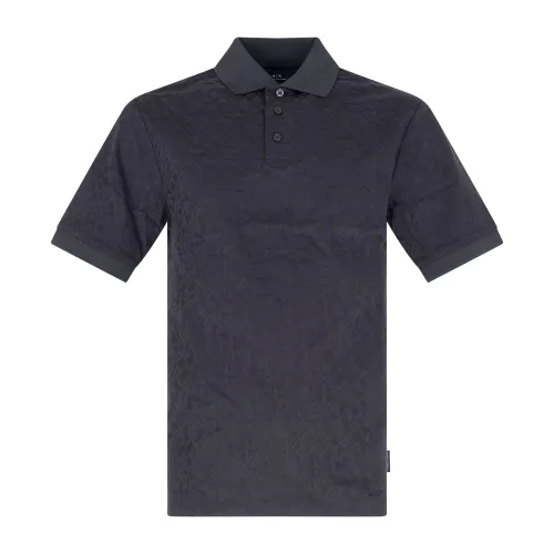 Armani Exchange - Polo nera maniche corte con logo allover tono su tono