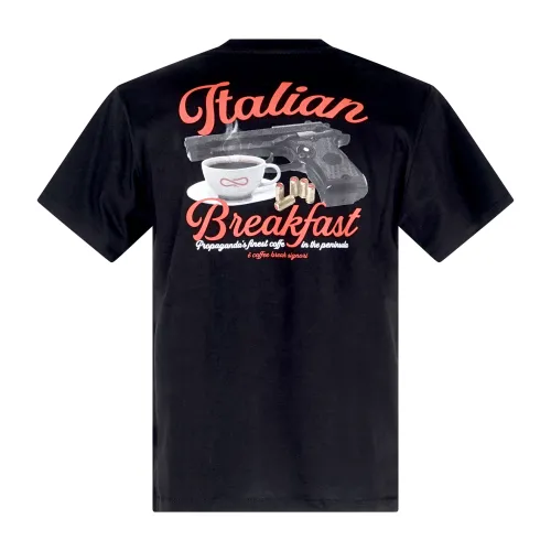 Propaganda - T-shirt nera Breakfast manica corta con stampa logo fronte retro