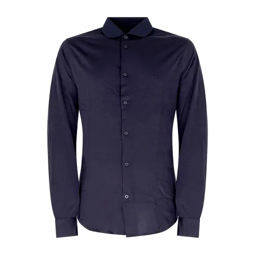 Armani Exchange - Camicia blu in tessuto tecnico con logo ricamato sul petto