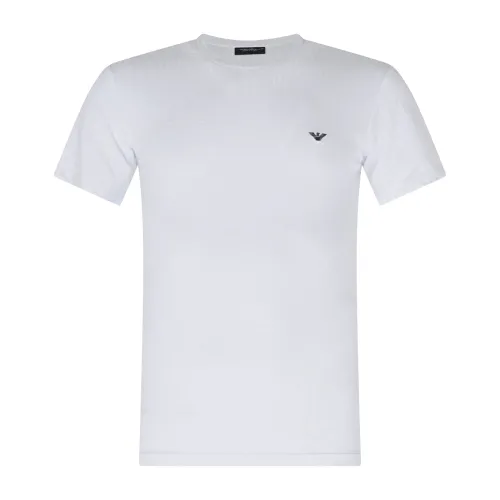 Emporio Armani - T-shirt bianca manica corta con ricamo logo in viscosa a coste