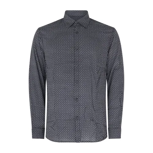Armani Exchange - Camicia blu in viscosa ecosostenibile e logo allover per uomo