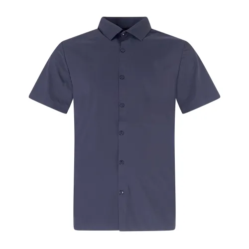 Unity - Camicia blu a mezza manica in tessuto tecnico con patch logo gommato
